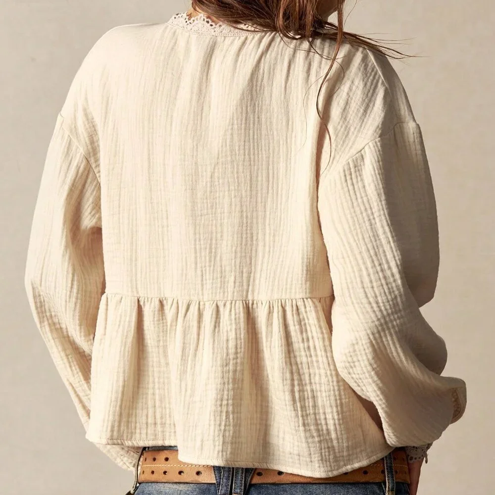 Apricot Casual Women's Woven Patchwork Floral Lace V-Neck Lantern Sleeve Blouse